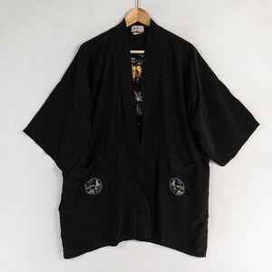 Vtg Silver Lake Embroidered Kimono Top Robe Sz Large Black Trees Chinese Garden